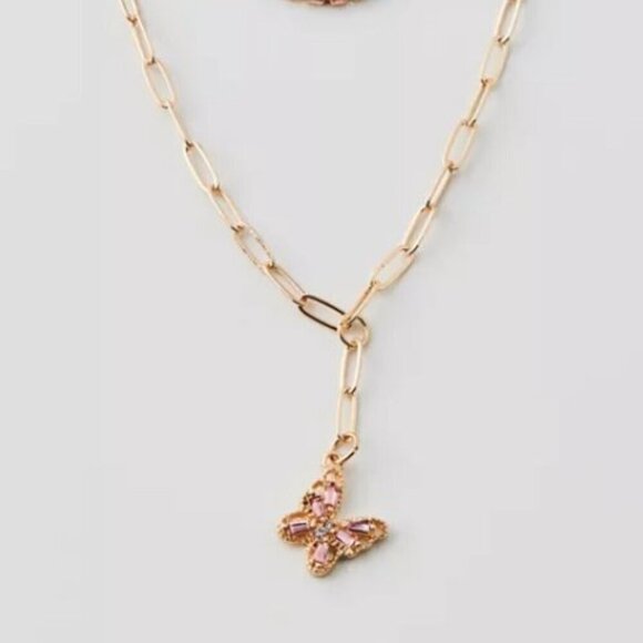 NWT Urban Outfitters Rhinestone Butterfly Gold Layered Y2K Necklace - Picture 3 of 7